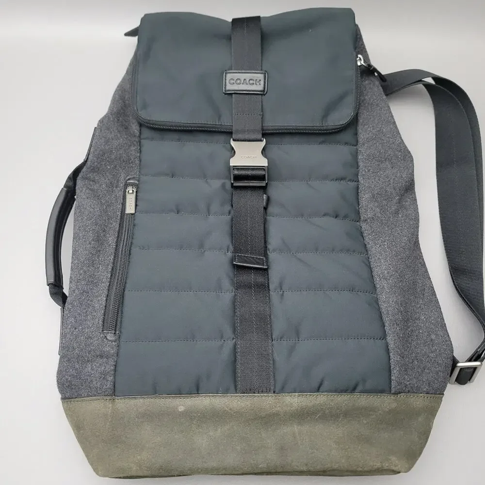 Coach Mens Varick Flap Backpack Mixed Fabic Wool Leather Black Metal Buckle Rare